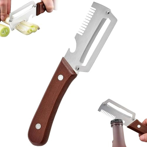 Multi-Functional Vegetable Peeler, 3-in-1 Stainless Steel Peeler, Multifunctional Vegetable Peeler with Wooden Handle and Bottle Opener, Kitchen Peeler for Potatoes, Fruits, and Vegetables