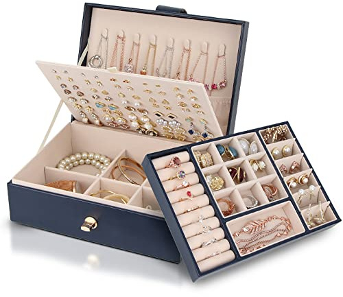 YONZONE Jewellery Box Organiser for Necklace Earrings Bracelets Rings, Large PU Leather Jewelry Storage Case with 3 Stackable Layer, Jewellery Boxes Holder for Women Girls