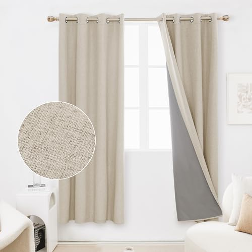 Deconovo Full Blackout Curtains Bedroom Thermal Insulated Energy Efficiency Eyelet Blackout Curtains with Coating Back Layer 52 x 72 Inch Light Linen 1 Pair