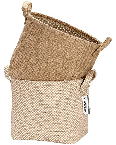 Sea Team Storage Baskets Organizer Box Bins in Jute and Cotton Linen Foldable with Handle Decorative for Home Toiletry Stationery Sundries Toys Jewerly Color Beige 26 * 26 * 26CM 2PCS