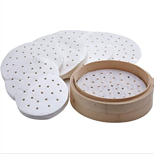 Lot de 250 feuilles de papier Dim Sum pour cuiseur à vapeur en bambou, friteuse à air chaud, cuiseur vapeur, Airfryer Liners, antiadhésif, papier sulfurisé rond perforé (17,8 cm)