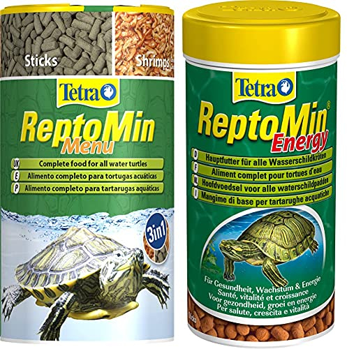 Tetra ReptoMin Menu Schildkröten-Futter: 3in1 Mit Pellets, Krill und Shrimps für Wasserschildkröten, 250 ml Dose & ReptoMin Energy, 250 ml Dose