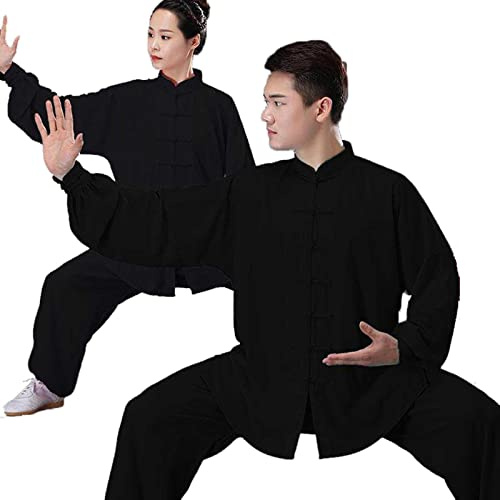 HFCY Kinesisk traditionell kampsport Kung Fu Tai Chi kläder för män kvinnor långärmad skjorta byxor träningsuniform vår, svart-M