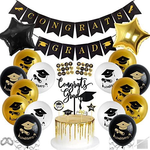Abschluss Deko, Abschlussfeier Deko 2026, Abitur Bachelor Deko, Schulabschluss 2026 Deko, Schwarz Gold Graduation Deko mit Congratulations Banner, Graduierung Fotorequisiten