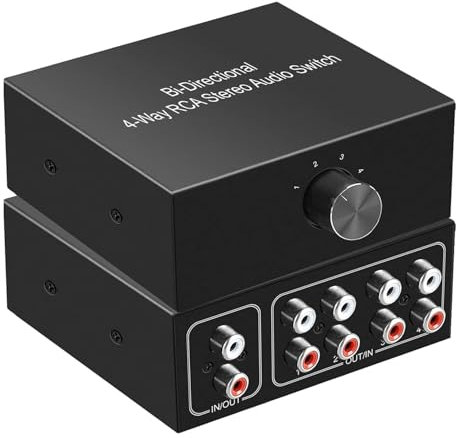 UNSTINCER Cinch RCA L/R Audio Switch 4(1)-In-1(4)-Out, Analog Passiv Stereo Aux Umschalter, Bidirektional Manuell Sound Selector Schalter Splitter Box für Phono Kopfhörer Amplifier PC Lautsprecher