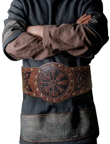 HiiFeuer Vikingpräglat brett bälte, Nordiskt rustningsbälte i konstläder Korsettbälte för riddare, Halloween-dräkt för lajv (Brun A)