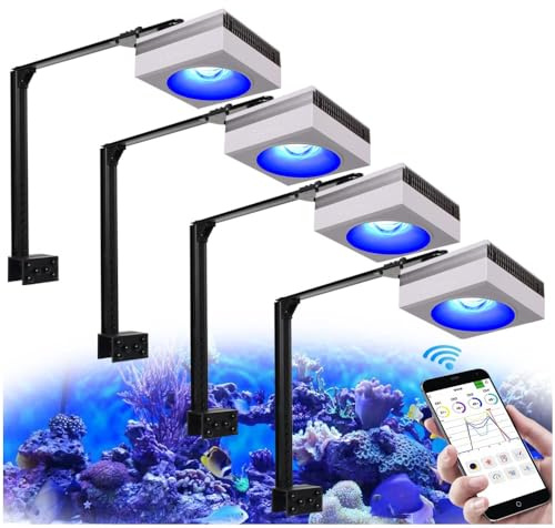 PopBloom RL90 WiFi Meerwasser LED 400W, Salzwasser LED Beleuchtung für Reef Coral Fish Wasserpflanzen Salzwasser Aquarium (4 WiFi Lampen mit Armhalterung)