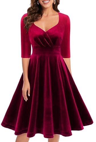 Bbonlinedress Abiti di Natale Donne 3/4 Manica Scollo a V Abiti al Ginocchio Festive Velluto Abiti Elegante Abito Inverno Abito da Cocktail Dark Red XL