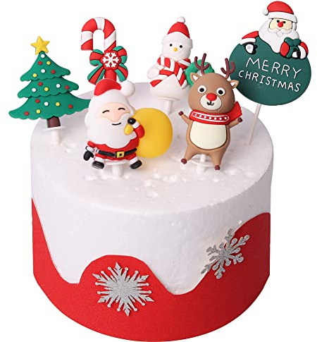 SYKYCTCY 6 Pack Santa Claus Merry Christmas Cake Toppers Resin Little Figurine Cane Snowman Deer Christmas Tree Cake Topper Picks for Merry Christmas Theme Holiday Party Cake Decorations Supplies