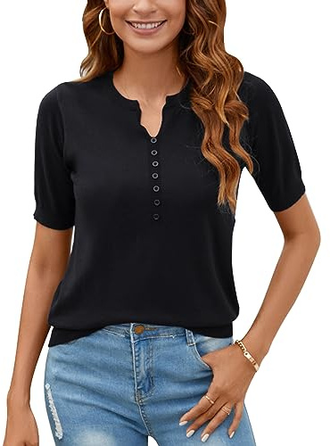 MINTLIMIT Women Summer Sweater Knit Shirt Blouse Short Sleeve Pullover V Neck Tops Jumper