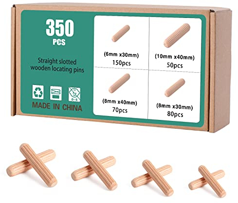 Faankiton Tasselli in Legno, Scanalate in Legno, Perni di Legno Duro Perno Scanalato, Spine Legno per Progetti di Artigianato di Mobili e Fai Da Te (350 Pezzi 6 x30mm;8 x30/40mm;10x40mm)