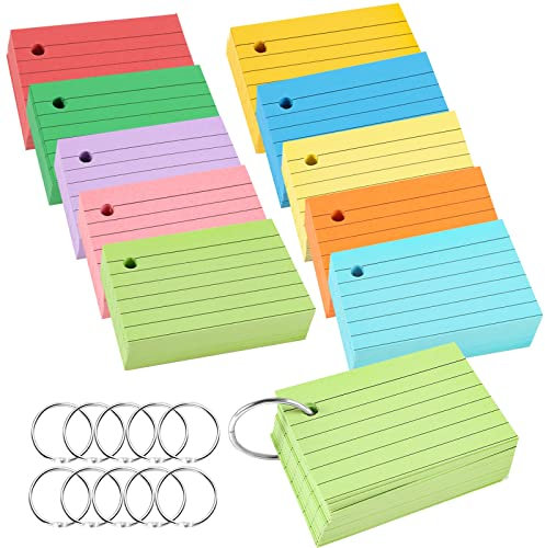 1000 Stücke Karteikarten A8, 150g/m² Karteikarten Liniert Flash Cards Vokabelkarten Bunt mit 10 Binderinge für Unterwegs Lernen Notizen Schule Büro Zuhause(10 Farben)