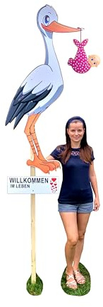 XL SET 148 cm- Babystorch aus HOLZ für MÄDCHEN Geburt (Druck: ZWEISEITIG*) | Inklusive Beschriftungstafel & Baby in ROSA, Klapperstorch zur Geburt, Holzstorch für draußen, Storch-Holz