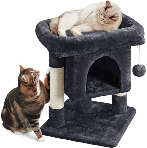 Yaheetech Árbol Rascador para Gatos 59cm con Condominio Grande Negro | Fácil montaje, Ahorra espacio, sisal resistente, Duradero, Felpa suave, multinivel plataforma,nido grande,Estabilidad