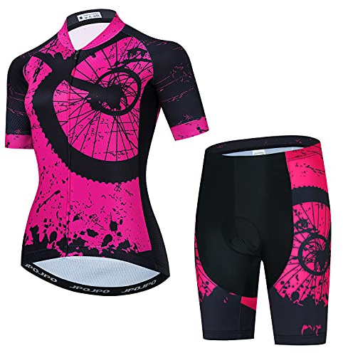 Damen Fahrradtrikot Set Bike T-Shirt Reflektierend + 5D gepolsterte Shorts S-3XL, 6, XXL
