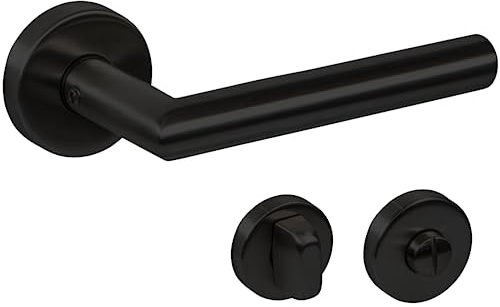 Gedotec Drückergarnitur Schwarz matt [WC-Badezimmer] 1x Tür Beschläge Rund-Rosette I Türgriffe Innentüren L-FORM I Türklinke für Türstärke 35 – 47 mm | Türbeschlag mit Befestigungsmaterial