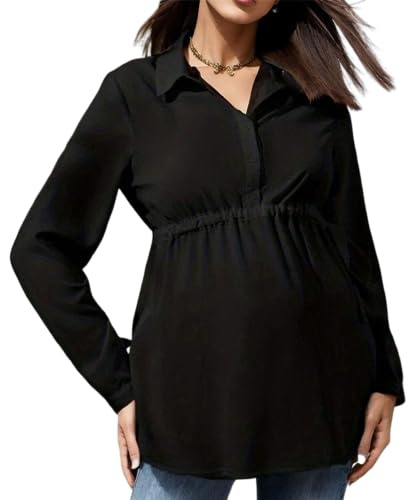 Vuncio Chemise De Maternité Manches Longues à Boutons Chemisier Grossesse Femme Col en V Haut Allaitement Femme élégant Hiver Top Femme Enceinte Mode Grande Taille (Noir, M)