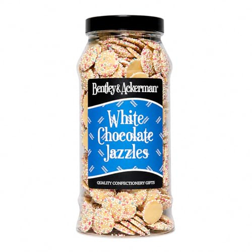 White Chocolate Jazzies (535g) Original Snowies Jazzles Retro Sweets in a Gift Jar By Bentley & Ackerman's Sweet Shop.