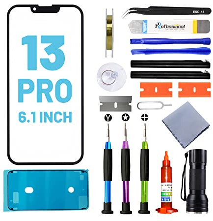 Tpyag pour iPhone 13 Pro Affichage, Verre avant pour écran iPhone 13 Pro 6,1 pouces, Kit de réparation d'écran avec colle imperméable (AUCUN LCD & Touch-Digitizer)