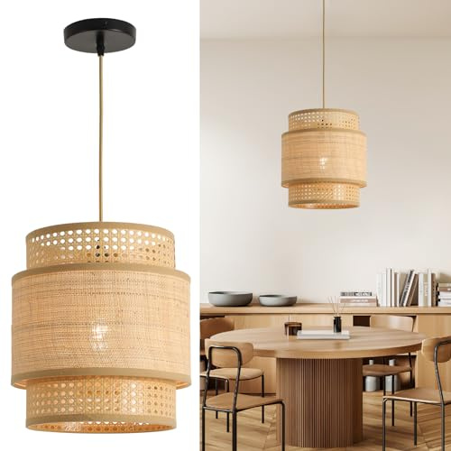 FORCOSO Vintage Boho Rattan Pendant Light, Wicker Shade Ø29 cm, E27, max.60W for Dining Room, Living Room, Bedroom, Hallway, Kitchen Island - Brown