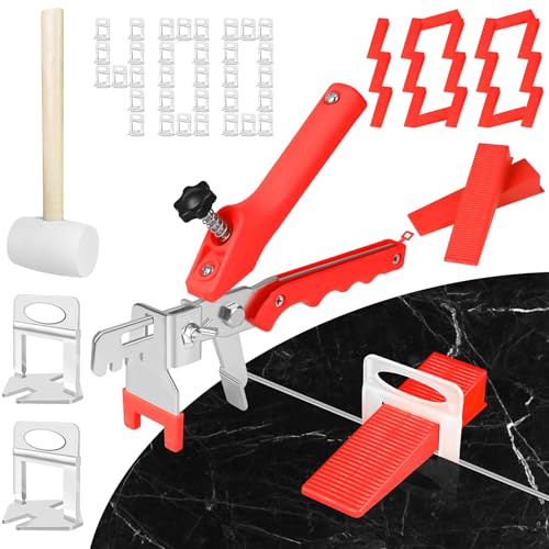 Tile Leveling System 1/16 Inch with Tile Plier and Rubber Hammer - 400Pcs Tile Spacers Leveling Clips and 100Pcs Reusable Wedges Tile Tools for Floor Wall Ceramic Tile Stone Installation - Red