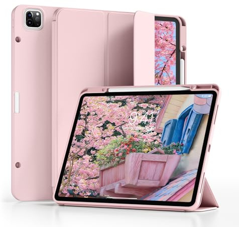 ZKTUYU Hülle für iPad Pro 12,9 Zoll 6. / 5. / 4. Generation 2022/2021/2020 mit Stifthalter, Ultradünn Stoßfeste, Weiche TPU Rückseite,Auto Schlafen/Wecken, Unterstützung Pencil 2 Aufladung, Rosa