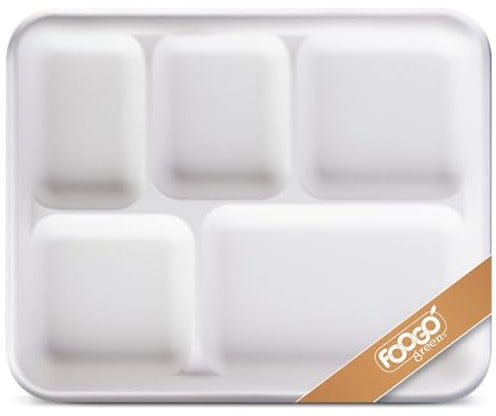 FOOGO Green 50pcs Large Disposable Plates with compartments, 10x8 inch 5 Compartments, Sugarcane Bagasse Paper Trays, Divided Plates for Hot Food, Portion Control