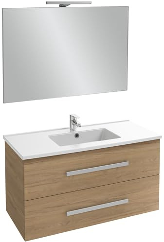 Jacob Delafon - Meuble OLA UP 100cm, Plan Vasque & Miroir 100cm + 1 Spot LED - Pack tout-en-1 - Grande Capacité - Chêne Colorado - 1010x540x465mm - EBP2326-ECD