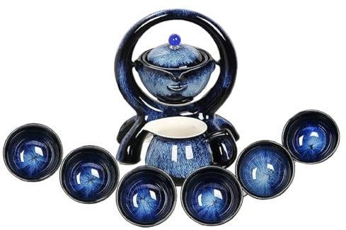 Bafnsiji Chinese Kung Fu Tea Cup Set, Teapot with Handle and 6 Cups, Flamed Glazed Ceramic Tea Cup, Porcelain Chinese Gongfu Tea Set, Portable Teapot Set with 360 Rotation Tea Maker and Infuser,B