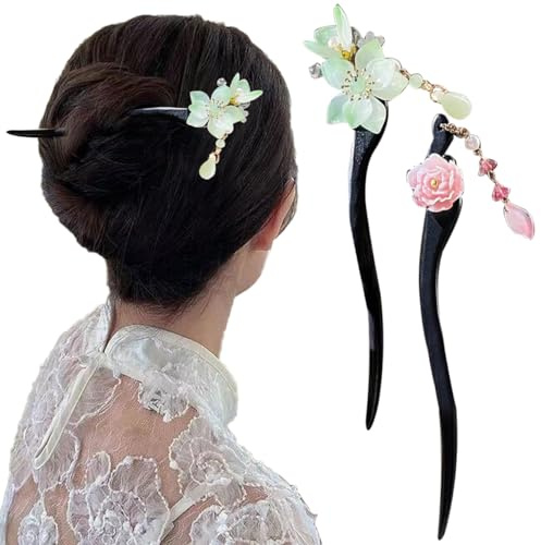 Snadulor 2 palillos de madera china, palillos para el pelo con flores, palillos vintage para el pelo con borla, para niñas y mujeres