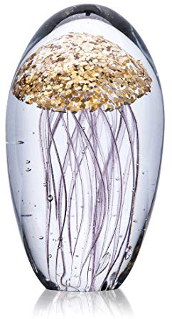 HDCRYSTALGIFTS Kristallglas-Figur, Quallen, handgefertigt, geblasene Kunst, goldener Briefbeschwerer für Tischdekoration, 11 cm