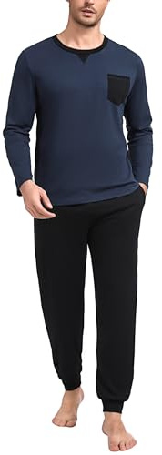 Marvmys Schlafanzug Herren Lang Baumwolle Winter Pyjama Set mit Tasche | Schlafanzüge Männer Langarm Shirt mit Brusttasche Pyjamahose und Bündchen, Zweiteilige Atmungsaktiv Bequem