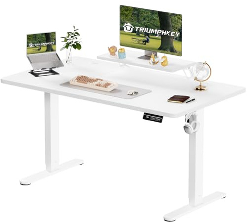 TRIUMPHKEY 160x70cm Escritorio Elevable Eléctrico con Soporte para Monitor, Escritorio Regulable en Altura con 2 Alturas de Memoria, Mesas de Ordenador, Standing Desk de Oficina Blanco