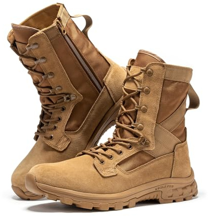 BOTAS PRO 8 Inch Mens Lightweight Side Zip Tactical Boots, Comfortable Brown Slip Resistant Rubber YKK Zipper Outdoor Hiking, EVA Cushioning Military Boot(BP401-9.5)