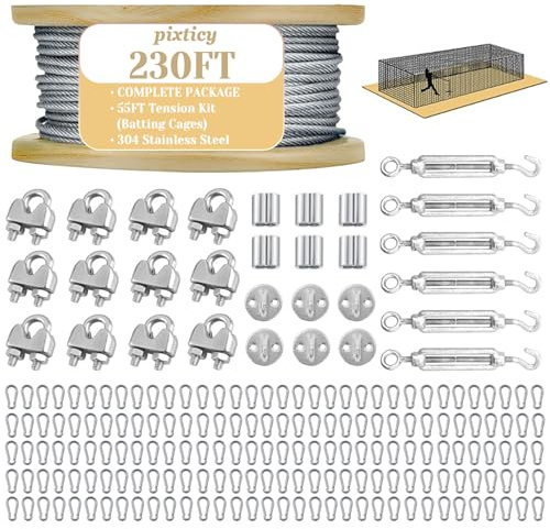 Batting Cage Netting Wire Stainless Steel Tension Kit, Batting Cage Suspension Kits, Durable Heavy Duty Net Hanging Kits, DIY Cable Kit for Baseball & Softball Hitting Tunnels (55ft)