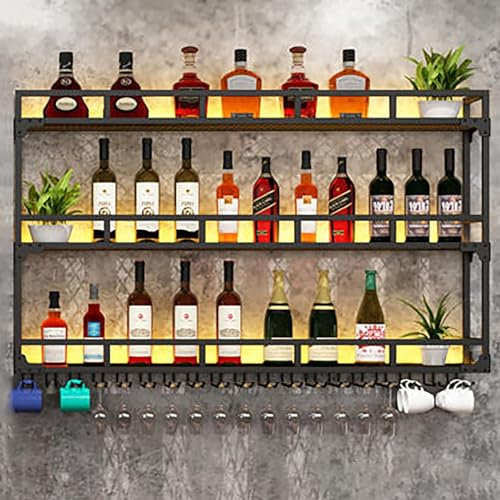 Wandmontierte Weinregale – Schichten Wand-Weinregal zur Aufbewahrung, Wand-Barschrank mit Glashalter – schwimmende Likörregale für Zuhause, Bar, Küche, Wohnzimmer