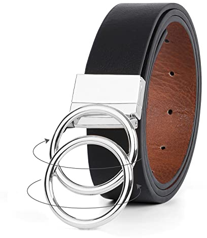 WERFORU Ceinture Réversible pour Femmes, Ceinture élégante et à la mode avec Boucle Rotative Double O Dorés/Argenté pour Jeans et Robes