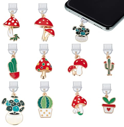 OLYCRAFT 10 Stück Pilz Und Kaktus Staubstöpsel Anhänger 30~43mm Staubdichte Handy Stecker Mit Emaille Anhängern Aus Legierung Typ C Staubstöpsel Anhänger Typ C Anschlussschutz Telefonzubehör