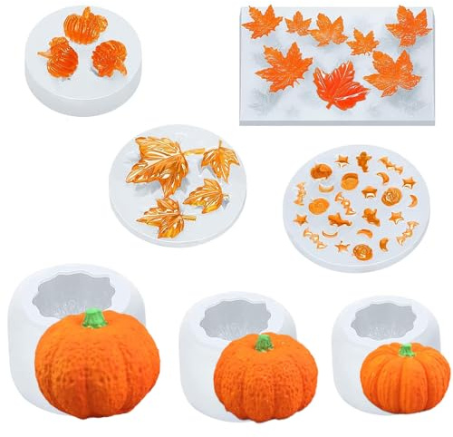 Junhui 7 Stück Kürbis Silikonformen Kerzen, 3D Halloween Kerzen Formen Silikon, DIY Kürbis Ahornblatt Silikonformen Kerzenform für Duftkerze, Handgefertigte Seife, Handwerk