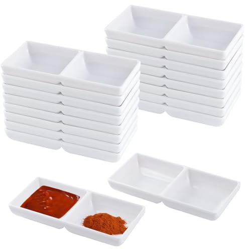 QUYLIXX 16 Pcs Sauce Dish, Dual Dipping Bowls Large Capacity Dual Sauce Bowls, Soy Two Compartments Party Trays Divided Fondue Plates for Restaurant Kitchen Sushi Soy Sauce (White)