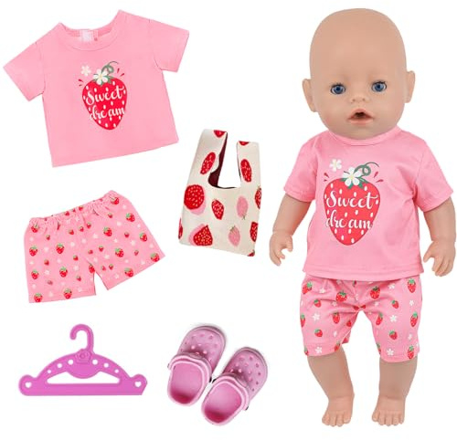 Xerteam Ropa para muñecas, conjunto de ropa para muñecas de 30-45 cm, trajes dulces, pijamas, perchas, bolsa de fresa para niños, zapatos con agujeros pequeños, ropa de muñeca en estilo fresa dulce