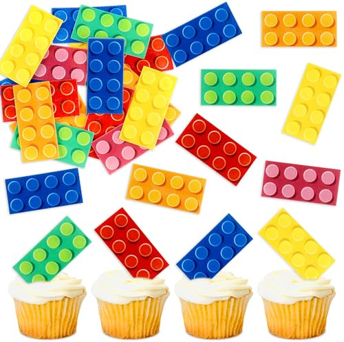 Blumomon 48Pcs Pre-Cut Edible Building Blocks Party Cupcake Toppers Kids Birthday Baby Shower Party Supplies