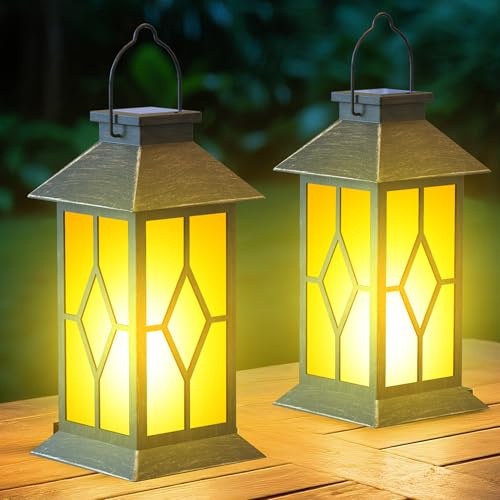 anyperfect 2Pack Patina 13 Metal & Glass Solar Lantern with Flickering Flame, Outdoor Waterproof Hanging Lantern for Garden Patio Yard Pathway Porch Decorative, Vintage Gifts for Mom