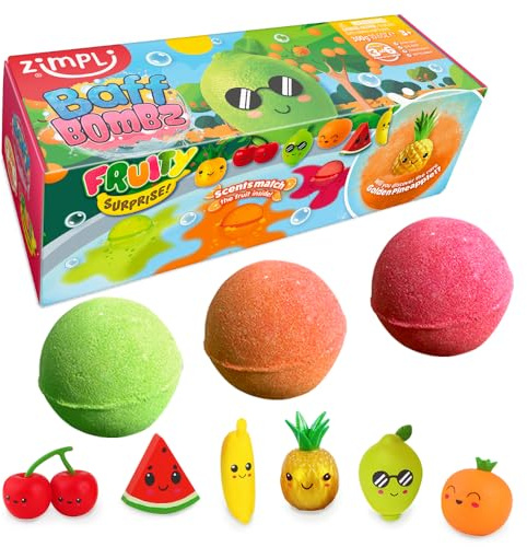 ZIMPLI - 3 x Large 100g Fruity Surprise Baff Bombz, 1 of 6 Fruity Toys to Collect, One per Bath Bomb, Children's Bath Toy, Pocket Money Gift