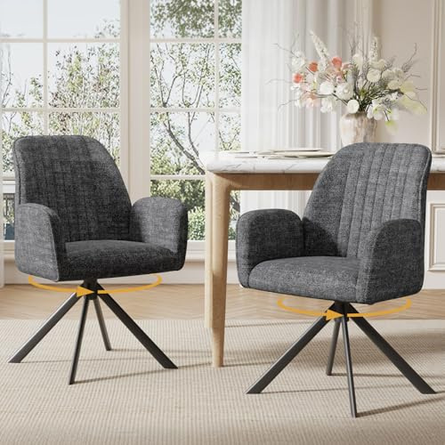 Ckaff 2er Set Esszimmerstühle Drehbar mit Armlehne, 360°Drehbar Polsterstuhl Küchenstuhl aus Chenille, Stühle Esszimmer Schminkstuhl Drehstuhl mit Metallbeine für Esszimmer Schlafzimmer, Dunkelgrau