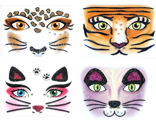 Gleevio 4 Stück Gesichtstattoo Karneval Leopard Tattoo Gesicht,Katze Schminke Face Art Sticker,Glitzer Tiger Temporäre Tattoos,Ablösbare Face Sticker Katze Leoparden Kostüm Damen Zubehör für Fasching