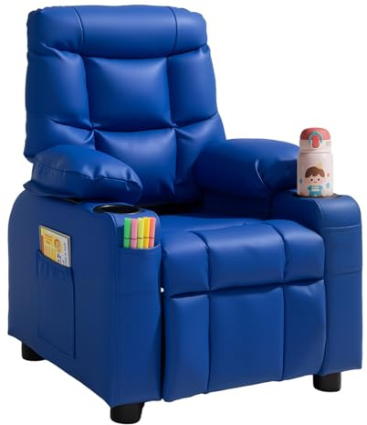 VEVOR Sillón Relax Reclinable para Niños, Sofá Infantil, Respaldo Ajustable de 107° a 126°, con 2 Portavasos 4 Bolsillos y Reposapiés, de Cuero Sintético, Butaca para Salón Lectura Siesta, Color Azul