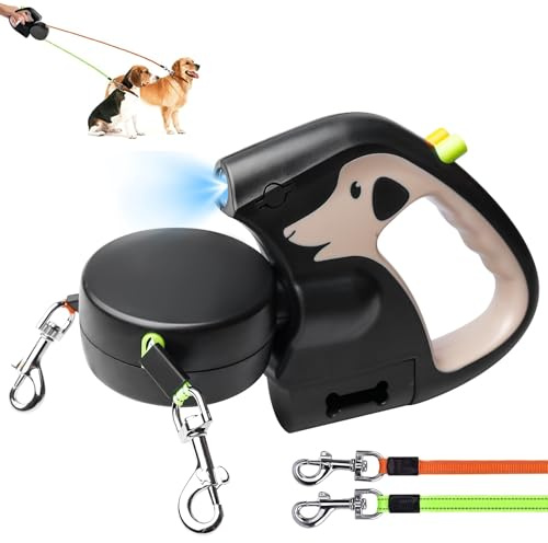Doppelte Einziehbare Hundeleine mit LED Licht, 3m Flexileine Doppelleine für 2 Hunde Ausziehbare Hundeleine LED-Lampe Robuste Haustierleine 360-Grad-Drehgelenk Rollleine für Hunde bis zu 11kg