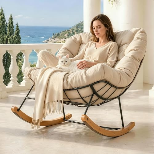 SANODESK Schaukelstuhl für draußen, gemütlicher Loungesessel & Relaxstuhl für Lange Stunden im Freien, mit Kissen, ideal für Balkon, Garten & Terrasse, belastbar bis 159 kg, Beige