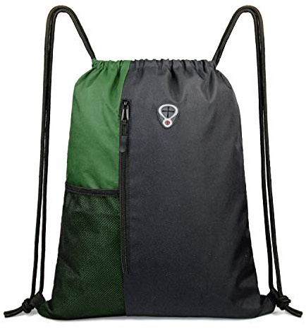 Swim Bag Drawstring PE Bag for Teens, Drawstring Gym Backpack Mens Large Travel Beach Bag with Zipper and Mesh Pockets String Sport Bag for Boys Girls Unisex Green